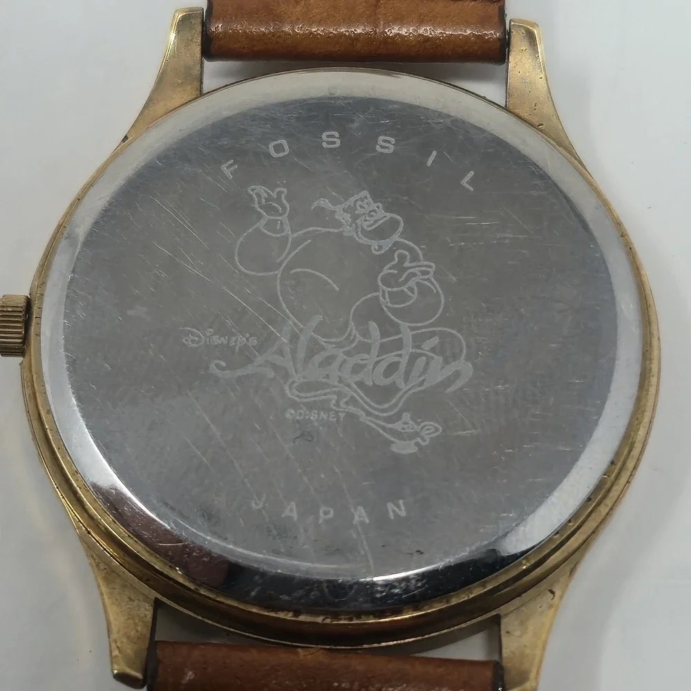 Vintage Fossil Disney Aladdin Genie Watch Gold Tone Brown Leather Strap NO BATT